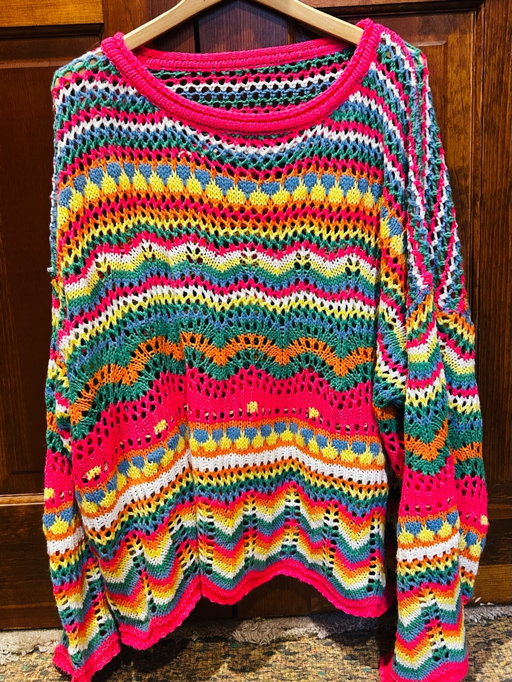 Multicolor Open-Knit Women's Sweater - Bright Pink Accent. Handmade